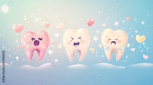 Playful montage of super deformed tooth characters showing dental health journey, from cavity monster with sad face to squeaky clean tooth with victory pose, pastel blue gradient background with