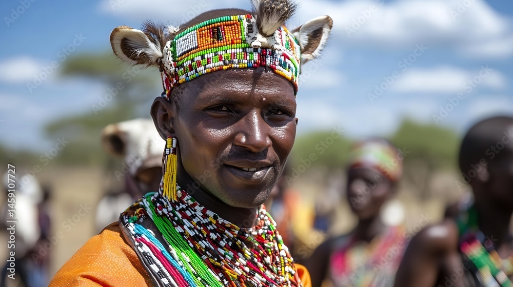 Obraz premium Portrait of a Maasai man wearing traditional beaded headdress and necklaces, smiling gently against a blurred background of savanna and other people. : Generative AI