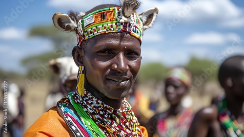 Portrait of a Maasai man wearing traditional beaded headdress and necklaces, smiling gently against a blurred background of savanna and other people. : Generative AI