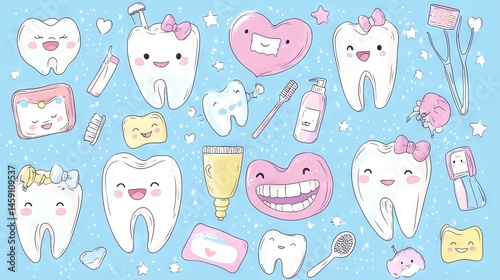 Grid layout of kawaii tooth mascots demonstrating proper dental care habits, each character with distinctive personality and facial expressions, some wearing dental care accessories like toothpaste