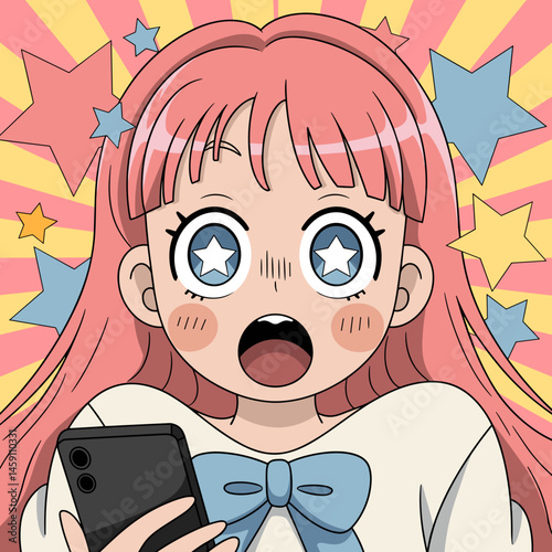 Excited Anime Girl Holding Smartphone with Star Eyes