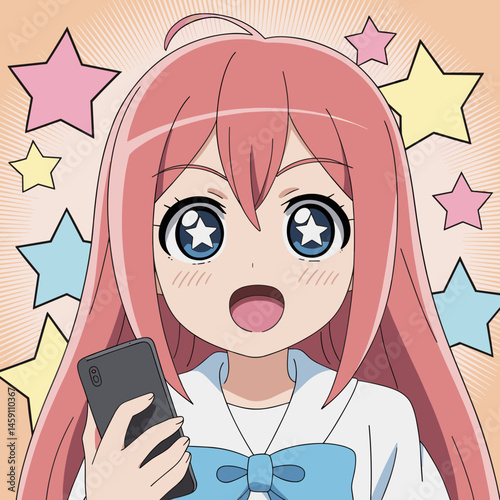 Excited Anime Girl Holding Smartphone with Star Eyes