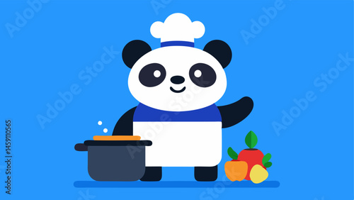 Stirring the Pot A cheerful panda chef dressed in a white apron and a chefs hat stands beside a bubbling pot on a blue stove. The panda is focused on stirring the contents with a