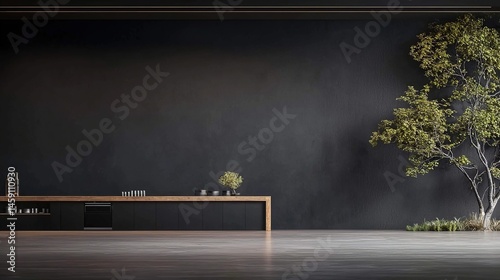 Modern interior design with dark accents and a minimalist style.