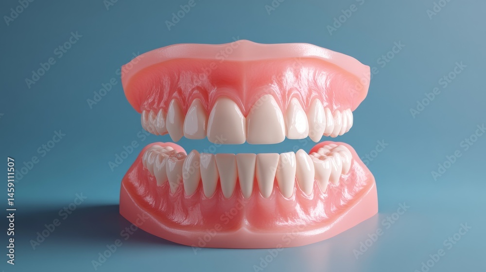 Hyper realistic dental model, anatomically correct teeth arrangement, pristine white enamel surface, healthy pink gums texture, soft blue backdrop, volumetric lighting, professional 3d rendering, Hyper realistic dental model, anatomically correct teeth arrangement, pristine white enamel surface, healthy pink gums texture, soft blue backdrop, volumetric lighting, professional 3d rendering,