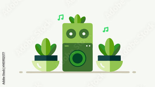 PlantFriendly Speakers A pair of audio speakers integrated with succulent plants merging technology with nature. A small card highlights special offers on green audio products.