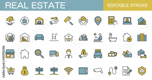 Colored real estate icon set. Vector illustration, editable stroke