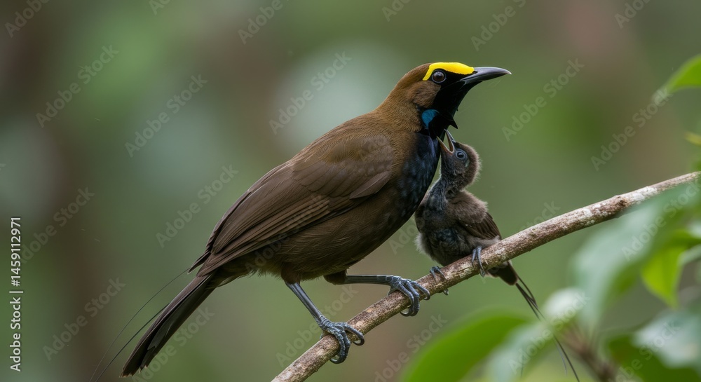 Fototapeta premium A nurturing bird of paradise holding a chick.