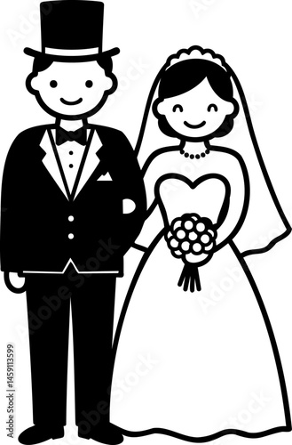 Happy Cartoon Bride and Groom at Wedding