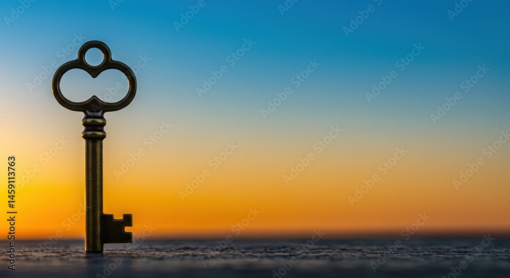 Obraz premium A Golden Key to New Beginnings at Sunrise: Symbol of Opportunity and Hope