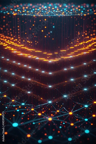 A stunning representation of a digital network in motion, where glowing orange and blue nodes interconnect to form a vast web of energy. The dynamic flow of this digital universe symbolizes the flow o