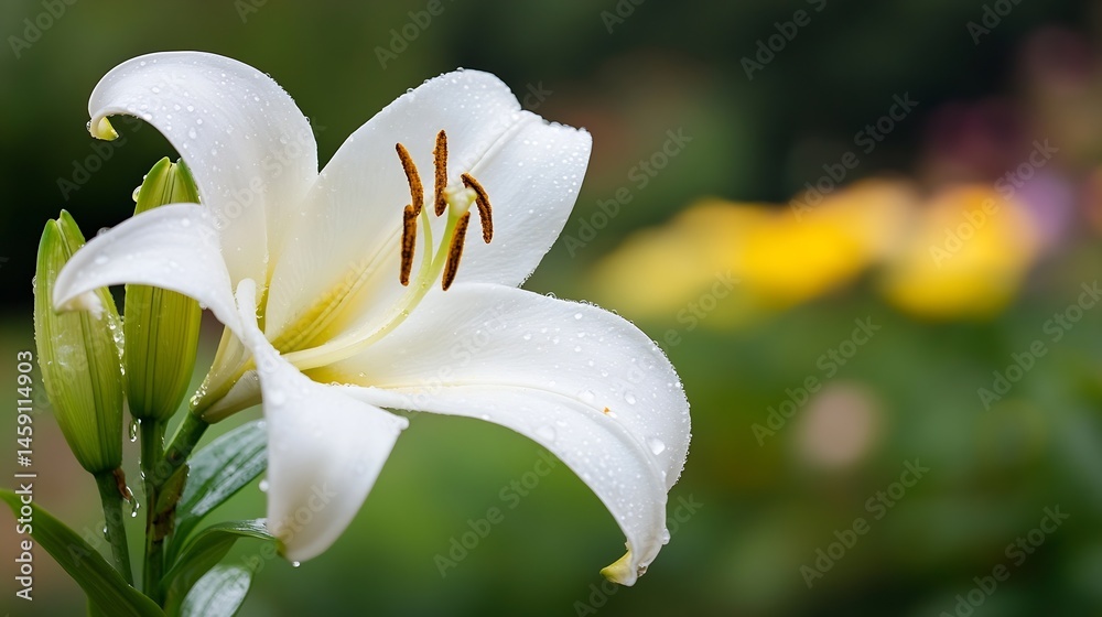 Fototapeta premium Close-up of a pristine white lily flower, glistening with morning dew, its petals elegantly curved, showcasing delicate stamens and buds. : Generative AI