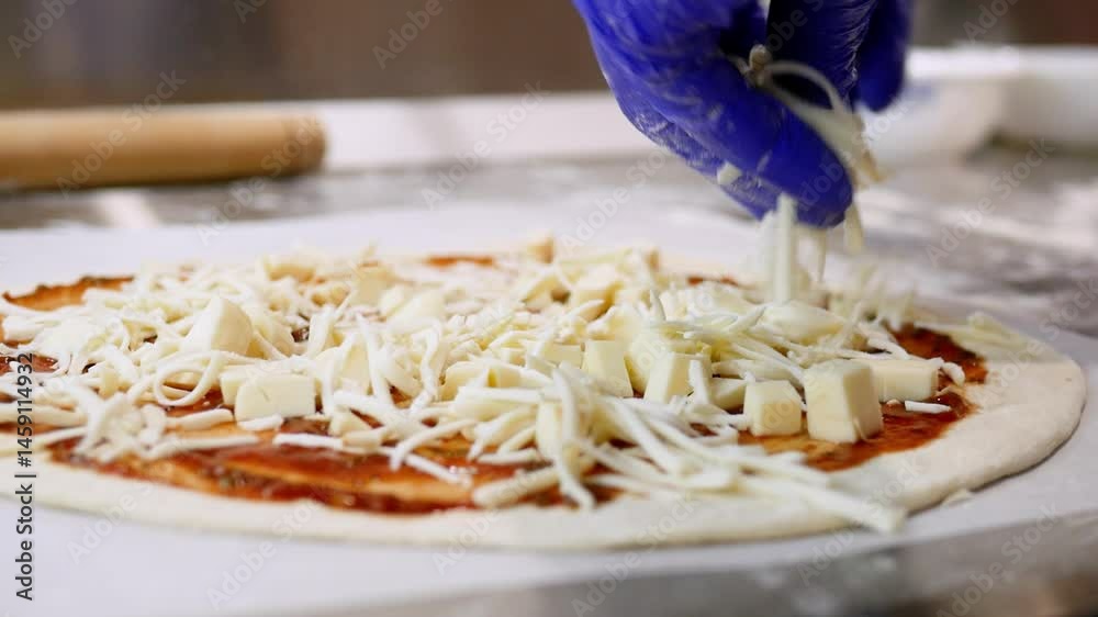 Cheese Ingredients For Italian Pizza From Chef Close Up. Quattro Formaggi Ready To Cook At The Oven. Food Concept