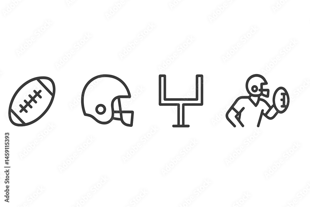 Vector illustration icon set showcasing football elements including a ball, helmet, goalpost, and player in action Vector illustration icon set showcasing football elements including a ball, helmet, goalpost, and player in action
