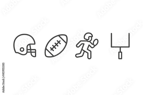 Collection of vector illustration icons representing football elements and activities in a simple outline style