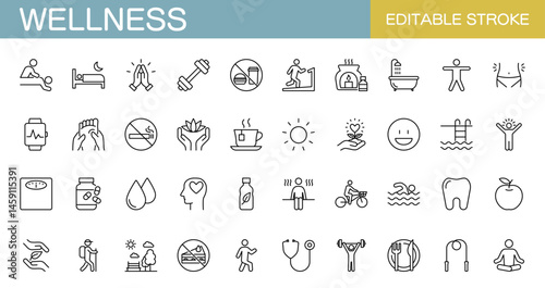 Wellness icon set. Spa, gym, yoga, massage, diet, exercise, wellbeing. Editable stroke. Vector illustration