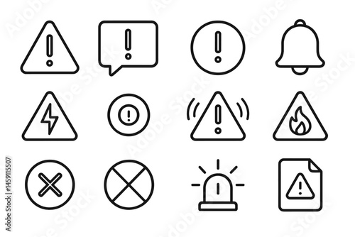 Vector illustration of warning and alert icons featuring different symbols for caution, notifications, and emergencies