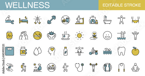 Wellness icon set. Spa, gym, yoga, massage, diet, exercise, wellbeing. Editable stroke. Vector illustration