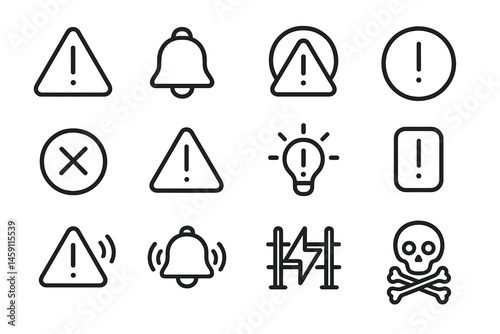 Collection of vector illustration icons representing warnings, notifications, and alerts in a minimalist design style