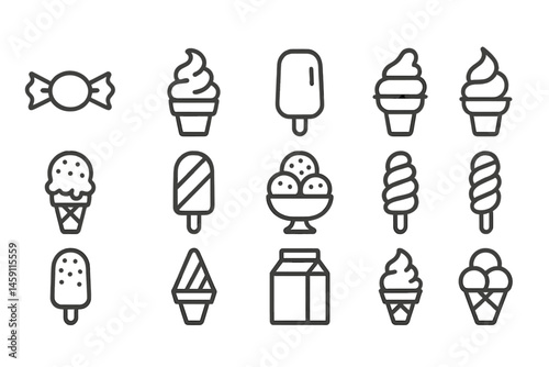 Vector illustration of various ice cream and candy icons showcasing desserts in a fun and playful style