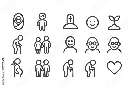 Vector illustrations depicting the stages of life from birth to elderly including symbols of family, growth, and love