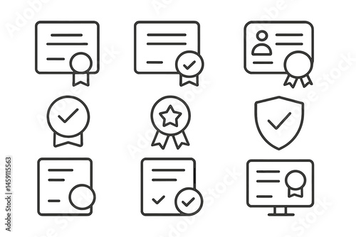 Icons representing certificates, awards, and approvals in a vector illustration format, suitable for educational and professional contexts