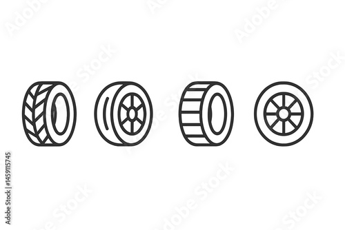 Vector illustration of four different styles of tire designs showcasing variety in tread patterns and wheel shapes