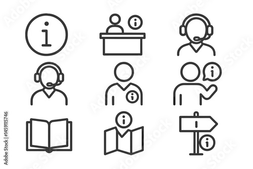 Information and assistance icon set featuring customer service representatives, signs, and guides for various contexts