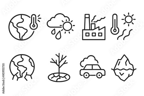 Environmental issues represented through vector illustrations showcasing climate change, pollution, and natural disasters