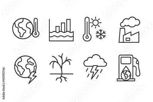 Vector illustration icons representing various aspects of climate change, environmental impact, and weather patterns