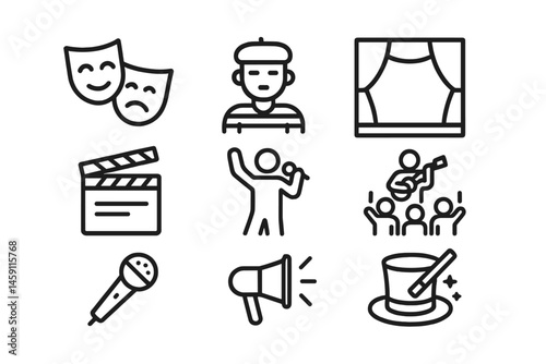 Vector illustration icon set depicting performing arts elements including theater, music, and magic