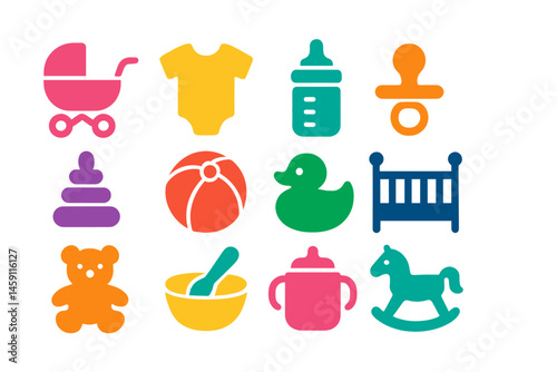Colorful vector illustration of baby items showcasing essential childhood toys and gear for infants and toddlers