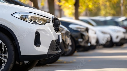 Close-up view of a white SUV's front end, parked amongst other vehicles on a city street, bathed in the warm light of autumn. : Generative AI