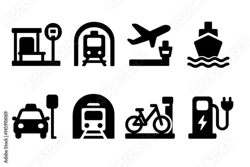 Transportation and travel icons collection depicting diverse modes of transit and their corresponding facilities