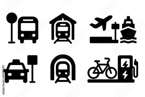 Transportation icons representing various modes including bus, train, airplane, and more in a simple vector illustration style
