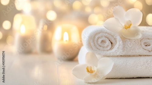 Spa serenity: Soft white towels neatly rolled, adorned with delicate orchids, rest on a light wooden surface, illuminated by a warm candlelight glow. : Generative AI