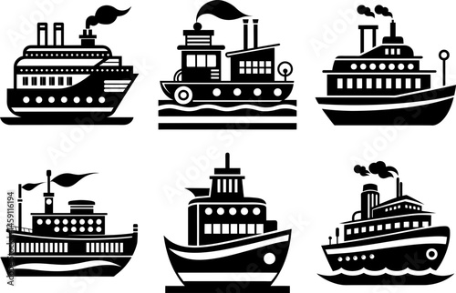 Vector ships and boats vector, illustration, transparent, horizontal, isolated assets, on transparent background