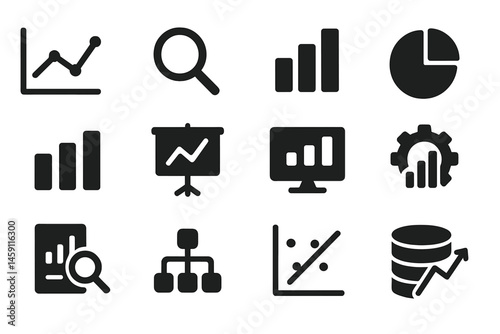Vector illustration of analytical icons representing data visualization tools and metrics for business analysis and growth