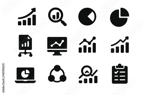 Vector illustration icons showcasing various data analysis components including graphs, charts, and reports used in business presentations
