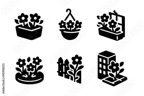 Flower garden vector illustration icons showing various flower arrangements in pots, hanging baskets, planters, and urban settings
