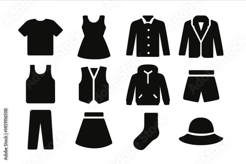Black vector illustration of various clothing items and accessories in a simple grid layout for fashion design concepts