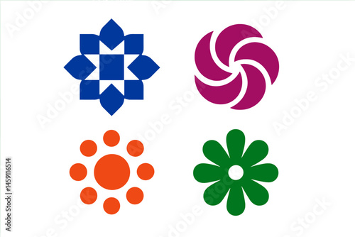 Decorative vector illustration featuring four distinct floral and geometric designs in vibrant colors