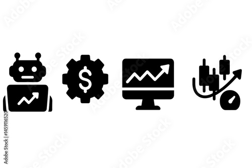 Vector illustration icons representing technology, finance, and data analysis in a modern digital environment