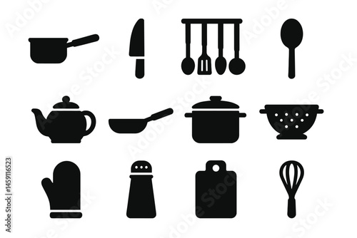Icons depicting various kitchen utensils and cookware in a black vector illustration for cooking enthusiasts and culinary designers