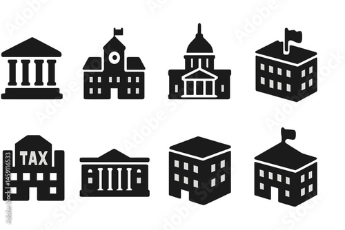 Collection of vector icons representing various government buildings and institutions in a minimalist design style