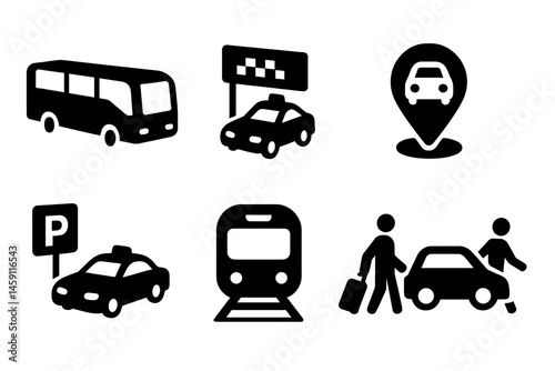 Vector illustration icons depicting various modes of transportation including cars, buses, and public transit for urban mobility planning
