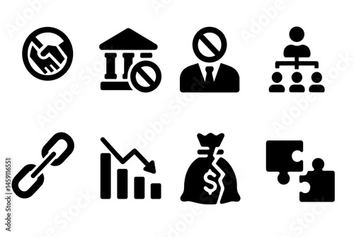 Business and finance vector icons illustrating various concepts like partnership, economy, and problem-solving strategies