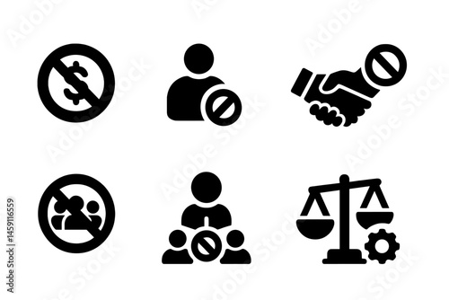 Vector illustration icons depicting themes of prohibition, equality, and community engagement in various contexts