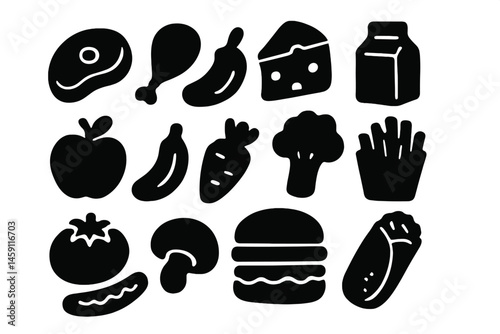 Vector illustration of various food icons showcasing fruits, vegetables, and snacks in a playful design