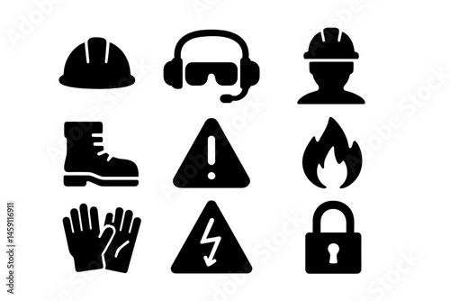 Safety icons for workplace hazards, equipment, and protective gear in a professional setting